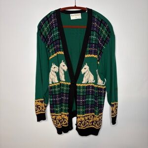 Vintage Marisa Cristina II Scotty Dog Cardigan Size 1X Green Blue Plaid